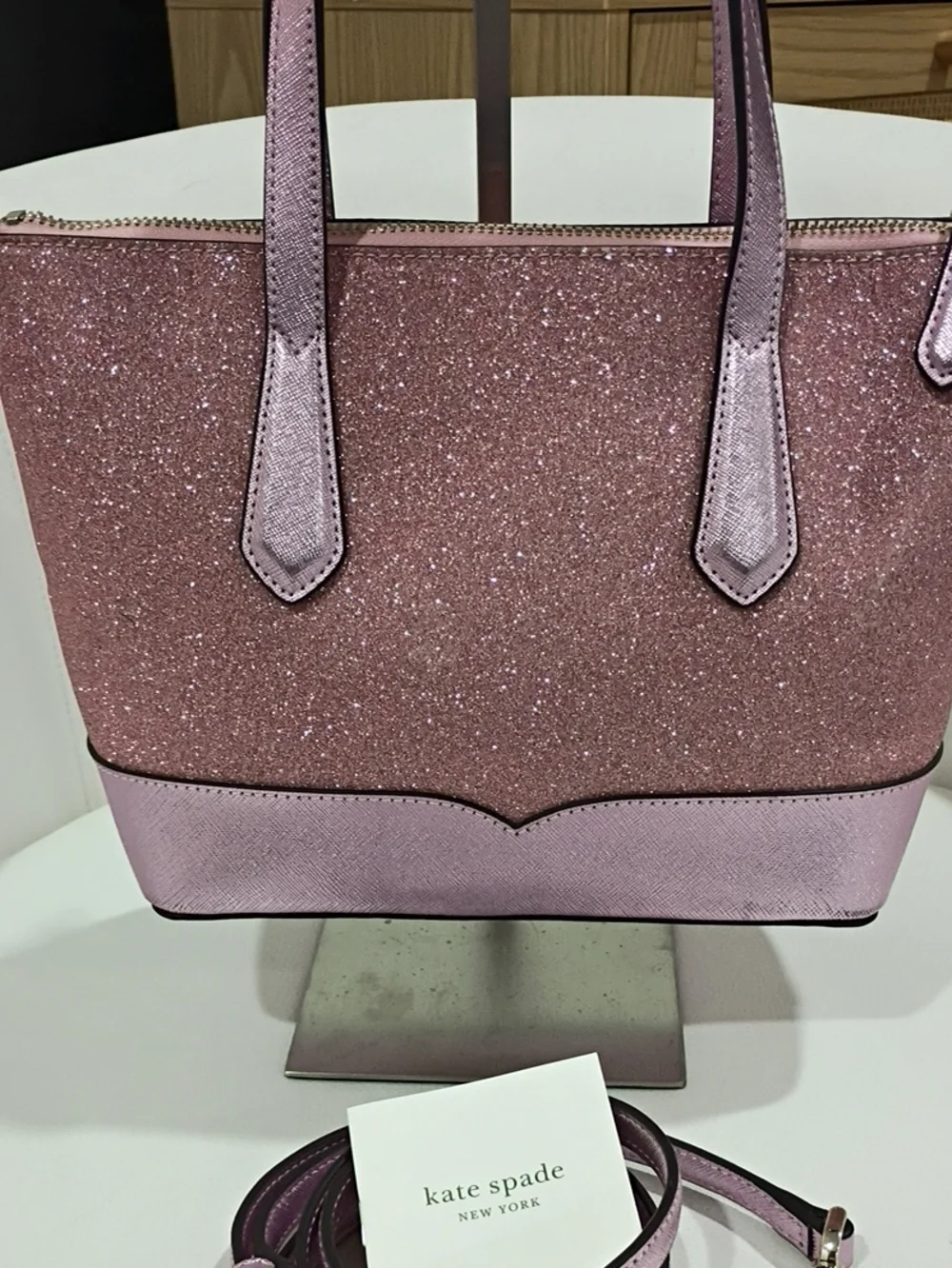 kate spade Pink Glitter and Saffiano Tote with Detachable Crossbody Strap